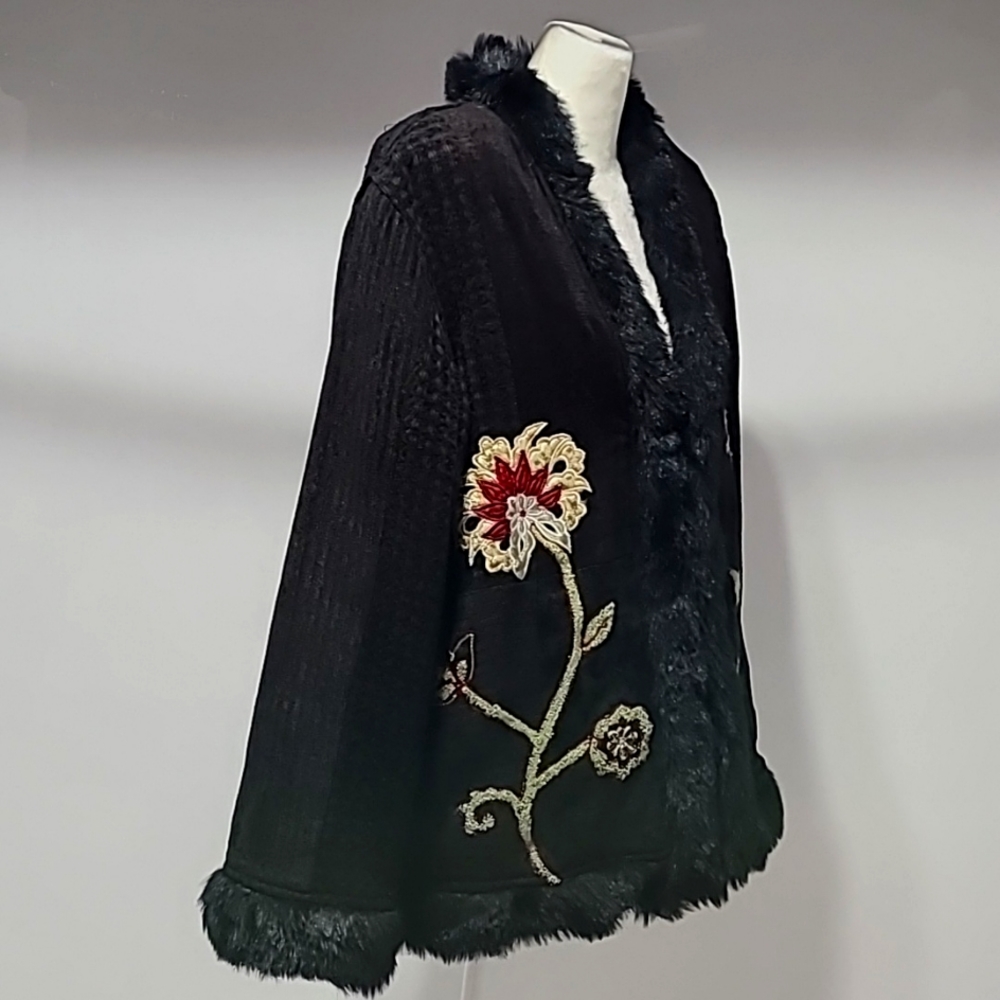 Flashback Vintage Embroidered Faux Fur Black Coat Jacket Size L - Picture 12 of 15